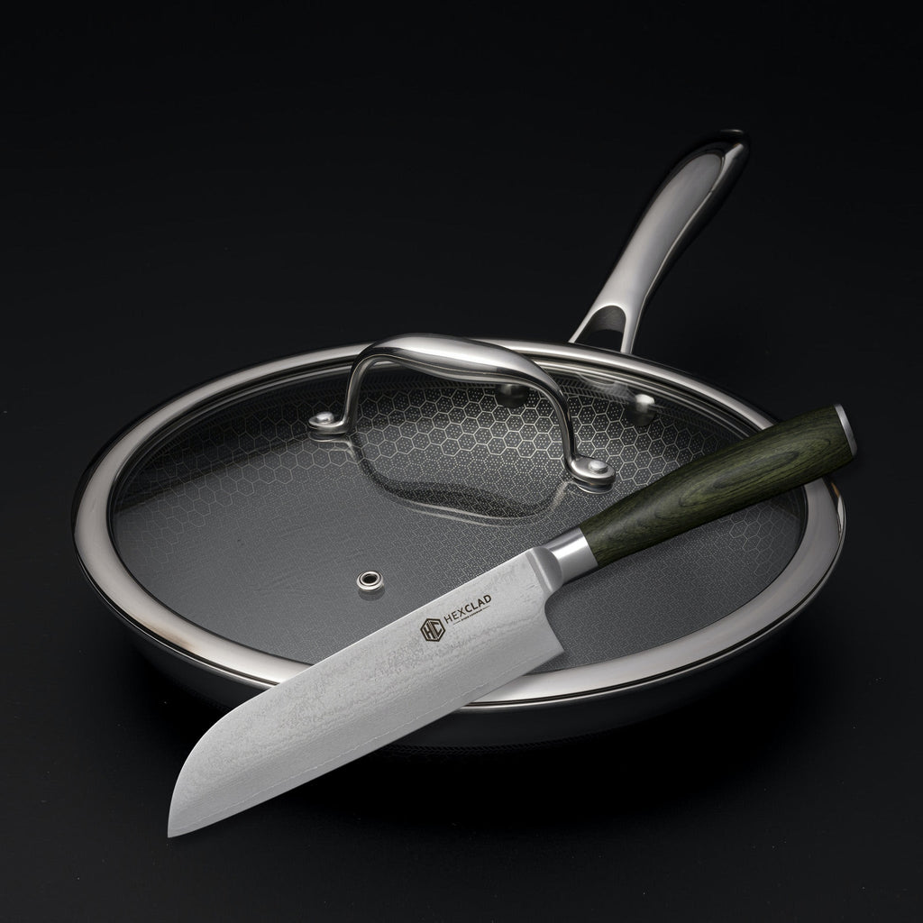 Damascus Steel 7" Santoku Knife and 10" Hybrid Pan with Lid